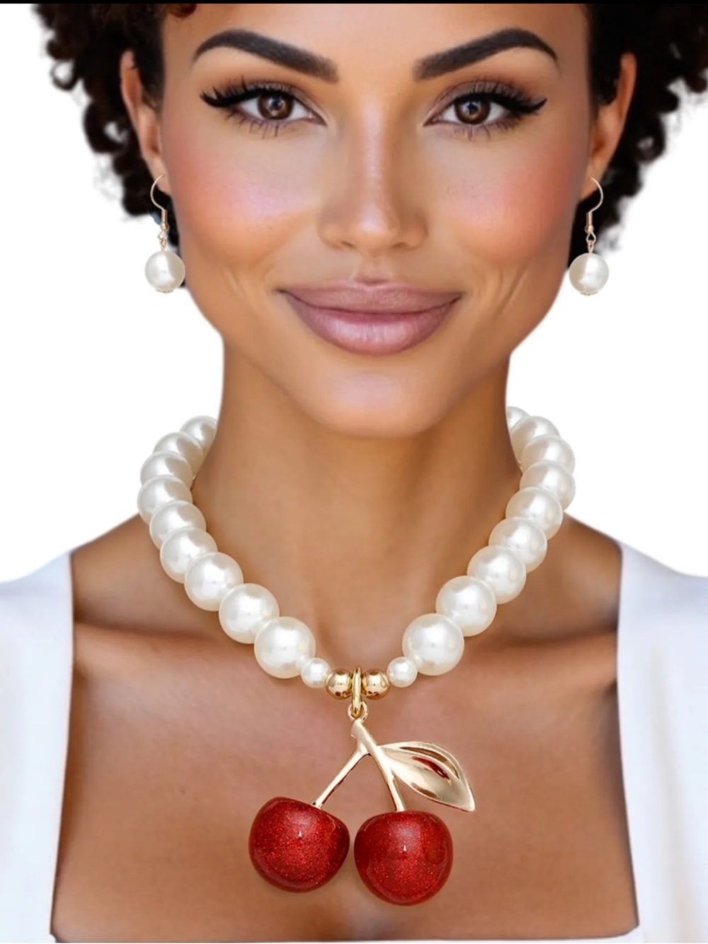 Pearl Bead Necklace with Red Cherry Pendant - Women's Jewelry